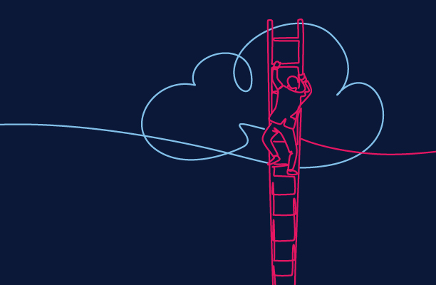 A drawing of a person climbing the ladder to the cloud