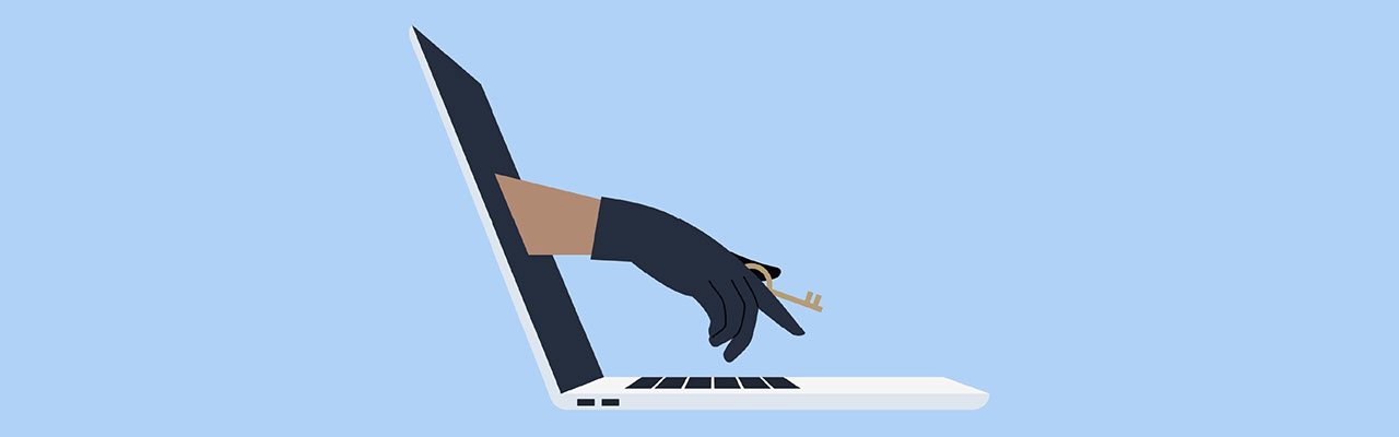 Cartoon image of a hand wearing a black glove and reaching through a computer screen with a key.