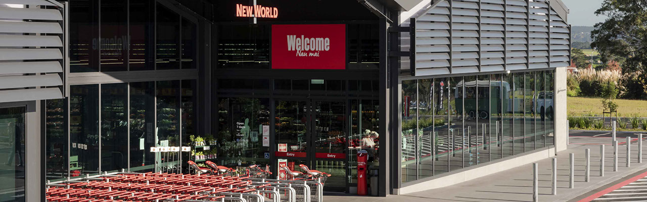 An exterior shot of a New World supermarket