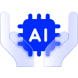 advanced artificial intelligence icon featuring hands supporting an AI microchip