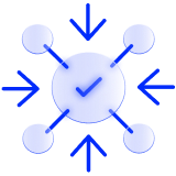 Integration icon featuring a central tick mark with multiple arrow pointing to it