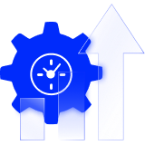 sales and service icon featuring a cog with a clock behind an increasing bar chart 