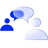 Electric blue hi-fi icon of two people talking to each other with speech bubbles.