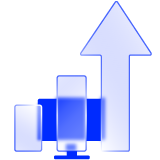 Electric blue hi-fi icon of a computer with an overlaid upwards bar graph.