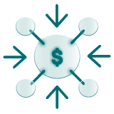 A network of circles and arrows with a dollar sign in the middle of then central circle
