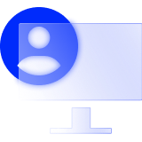 A blue icon featuring a user profile alongside computer monitor