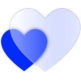 A blue icon featuring a small heart alongside a bigger heart