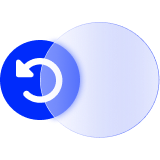 A blue icon featuring a rotate-left arrow alongside a circle lens