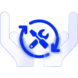 A light blue icon featuring hands supporting tools inside circular rotating arrows