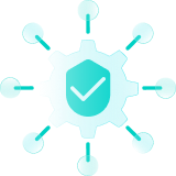 A cog with a shield and checkmark inside, surrounded by small connecting nodes