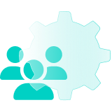 A group of employees alongside a cog