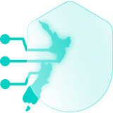 A New Zealand map with data nodes next to a protection shield