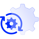 A cog inside circular rotating arrows alongside a bigger cog