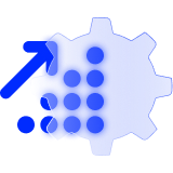 An upward dot graph alongside a cog