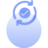 A circle with a tick mark inside circular rotating arrows