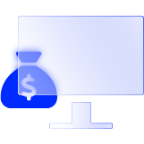 A bag with a dollar sign alongside a computer monitor