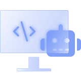 A robot alongside a computer screen with brackets