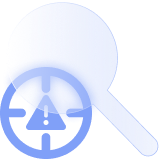 A magnifying glass and a crosshair with triangle containing an exclamation mark in the center.
