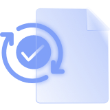 A check mark inside circular rotating arrows alongside a document