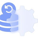 A database server with a circle left rotation arrow alongside a cog