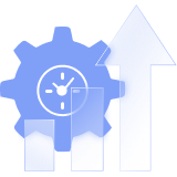 A cog with a clock and an upward trend bar graph 