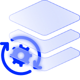 A cog inside circular rotating arrows alongside a tech stack