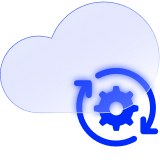 A cog inside circular rotating arrows alongside a tech stack