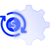 A dollar sign inside circular rotating arrows alongside a cog