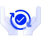 Hands holding circular arrows around a checkmark