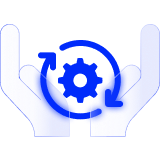 Hands supporting a cog inside circular rotating arrows