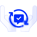 Hands supporting a speech bubble inside circular rotating arrows
