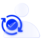 A check mark inside circular rotating arrows along side a person