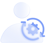 An expert alongside a cog inside circular rotating arrows 