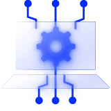 A laptop with a gear on the screen, connected to AI powered circuit lines above and below
