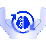 Hands holding circular arrows around a half-and-half of an ai brain and human brain