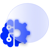 A half-and-half of an AI brain and mechanical cog alongside circle