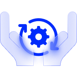Hands supporting a cog cart inside circular rotating arrows