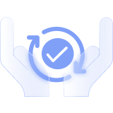 A light blue icon featuring hands supporting a check mark inside circular rotating arrows