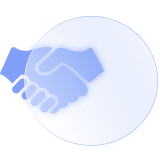 A light blue icon featuring a handshake next to a circle 