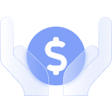 A light blue icon featuring hands supporting a dollar sign 