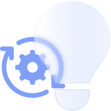 A light blue icon featuring a cog inside circular rotating arrows alongside a lightbulb