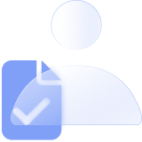 A light blue icon featuring a check mark inside a document alongside a person