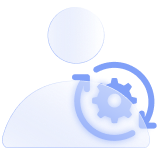 A light blue icon featuring a person next to a cog inside circular rotating arrows