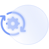 A light blue icon featuring a cog inside circular rotating arrows alongside a circle