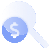 A light blue icon featuring a dollar sign alongside a magnifying glass