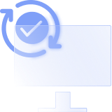 A light blue icon featuring a check mark inside circular rotating arrows alongside a desktop computer