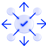 A blue icon featuring a central circle with a checkmark inside, connected by lines to four smaller circles with arrows pointing outward from the main circle. 