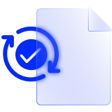 A blue icon featuring a check mark inside circular rotating arrows alongside a document