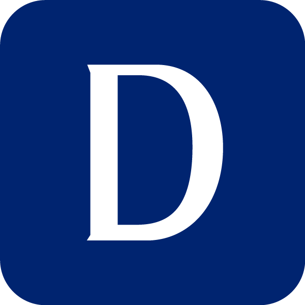 A white letter d on a blue background
