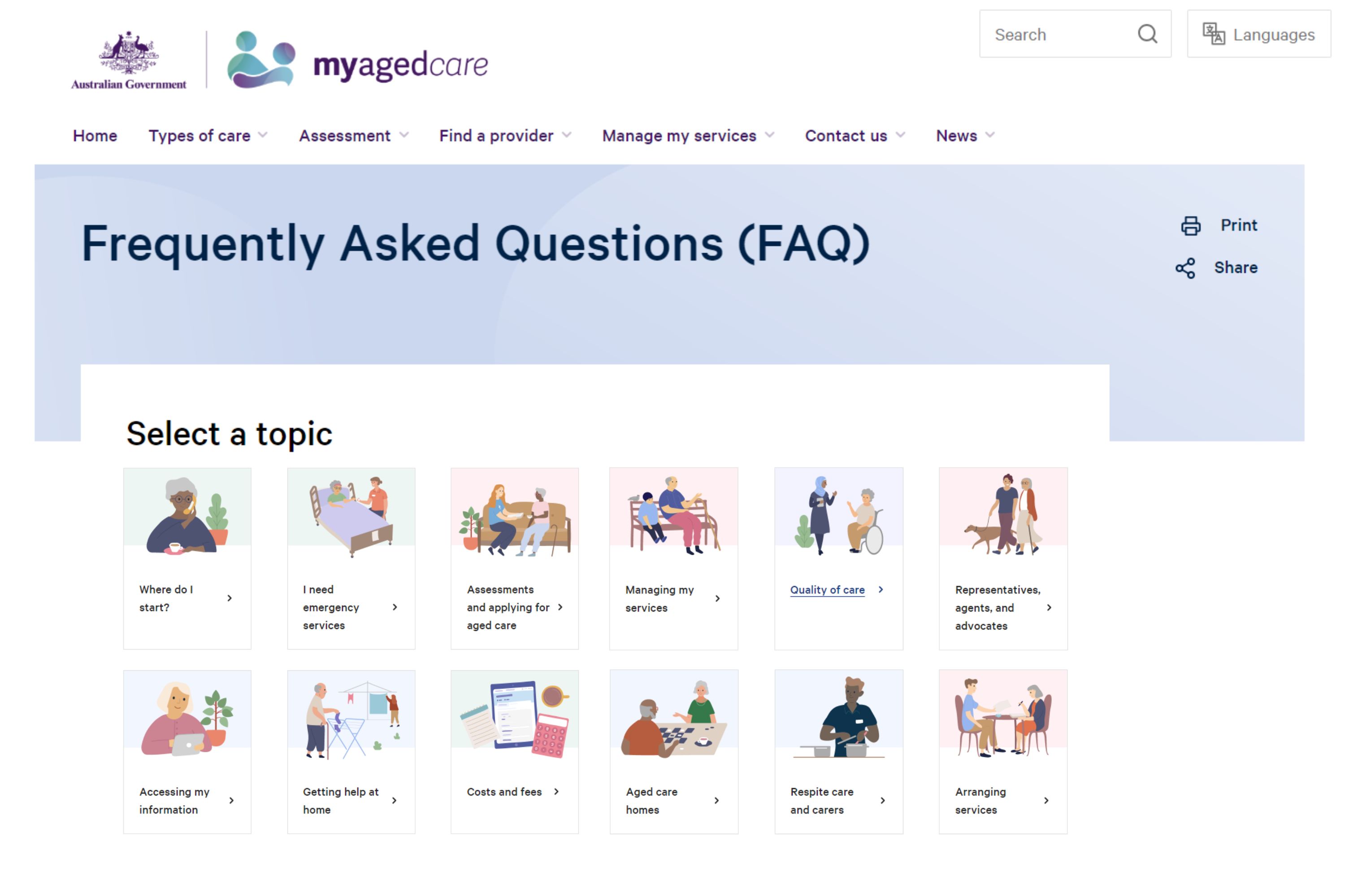 A screenshot of the Frequently Asked Question screen on the My Aged Care website